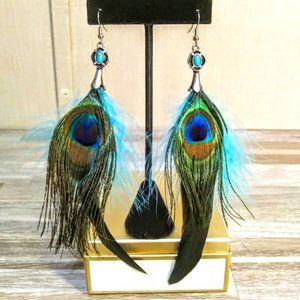 PEACOCK FEATHER EARRINGS*SQUASH BLOSSOM*BOHEMIAN/SOUTHWEST*HANDCRAFTED